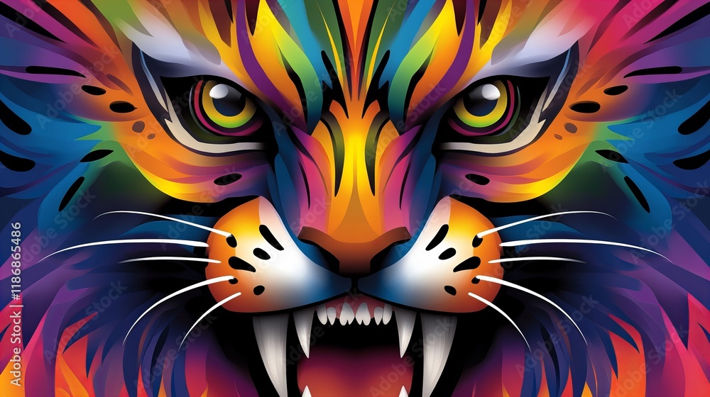 Obraz premium Vibrant digital art of a colorful big cat, showcasing intense eyes and bared teeth.