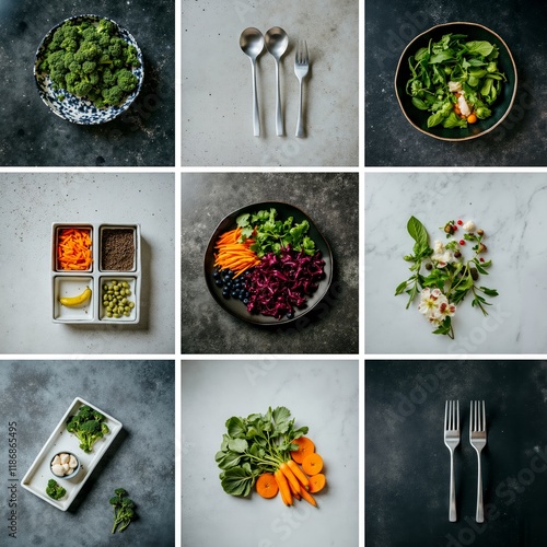 A collage of photos showing different types of vegetables and fruits photo