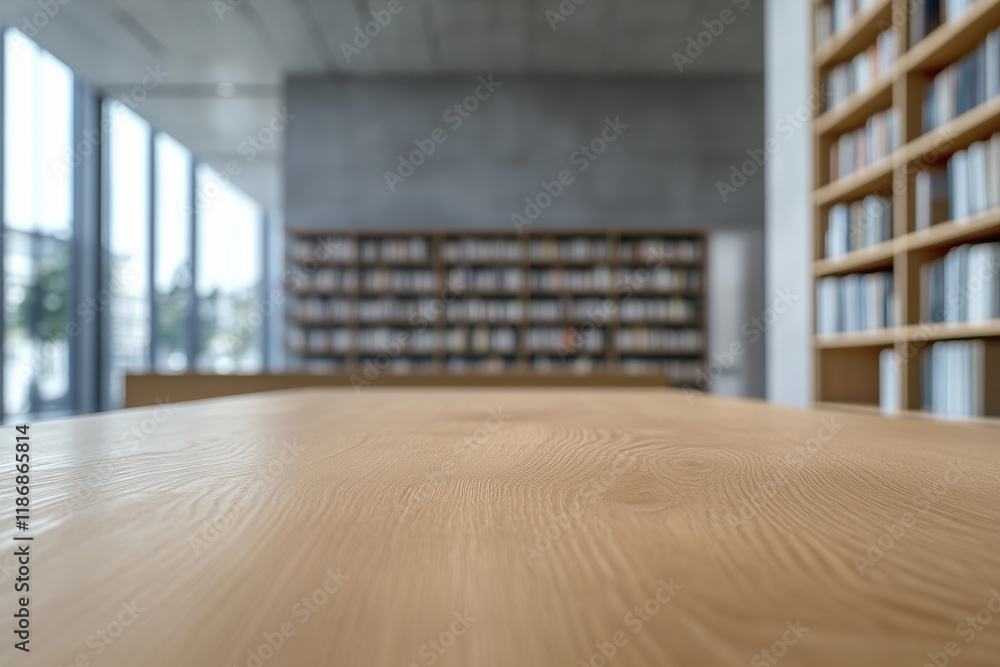 Fototapeta premium Wooden top table with library in background