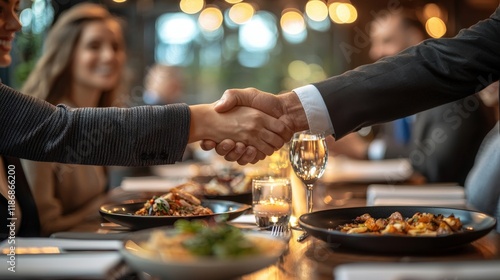 Businesspeople Shaking Hands in Upscale Restaurant with Elegant Dining Atmosphere