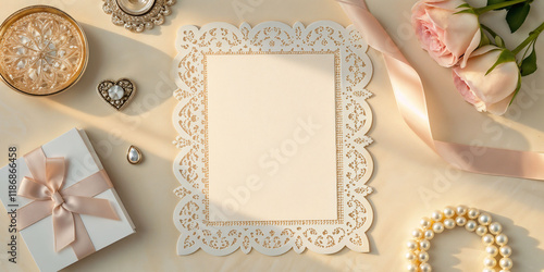 Wedding invitation mockup with decorative elements and flowers on elegant table setting