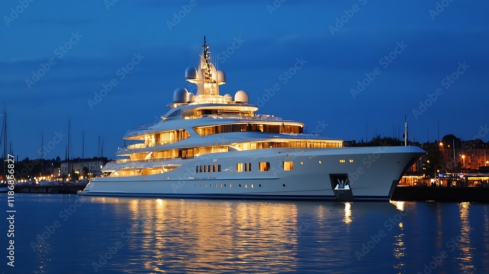 Fototapeta premium Luxury Superyacht Moored at Marina During Stunning Evening Twilight : Generative AI