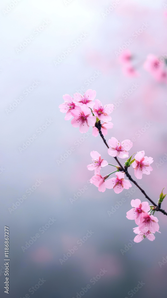Delicate pink cherry blossoms bloom gracefully in misty spring morning Delicate pink cherry blossoms bloom gracefully in misty spring morning