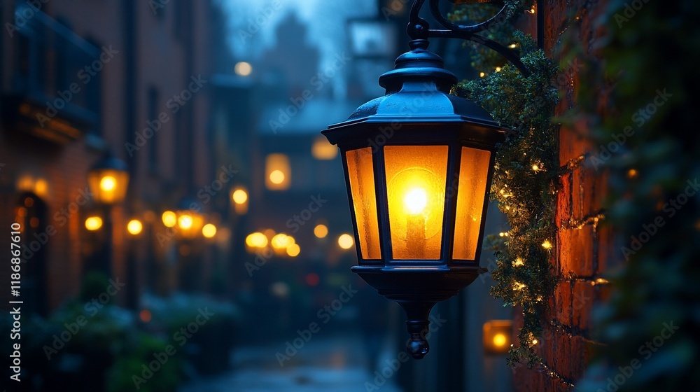 Illuminated Streetlamp on a Rainy Evening in a Cobblestone Alley Illuminated Streetlamp on a Rainy Evening in a Cobblestone Alley