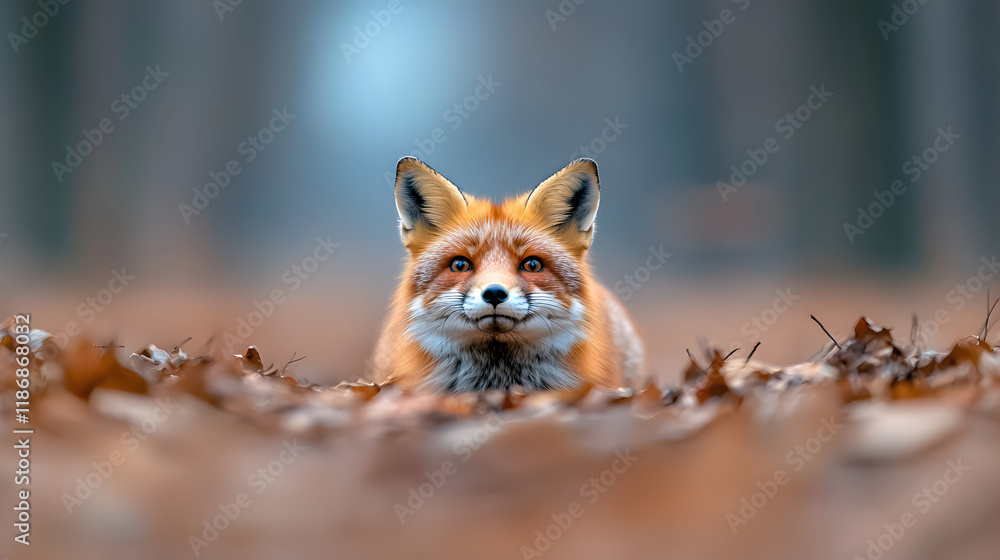 Obraz premium red fox cautiously exploring its forest habitat, surrounded by autumn leaves, showcasing its vibrant fur and keen expression. serene environment enhances its natural beauty