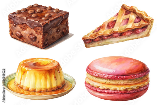 Delicious dessert assortment, colorful pastries, sweet treats, watercolor illustration, gourmet desserts, tempting confections.