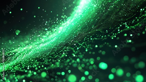 Vibrant green abstract background with sparkling particles and flowing wave, evoking energy and creativity