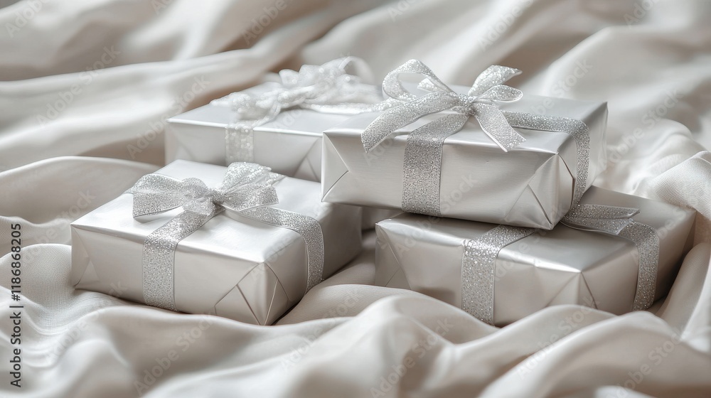 Shimmering Silver Gift Boxes with Sparkling Ribbons on Elegant Fabric Background Shimmering Silver Gift Boxes with Sparkling Ribbons on Elegant Fabric Background