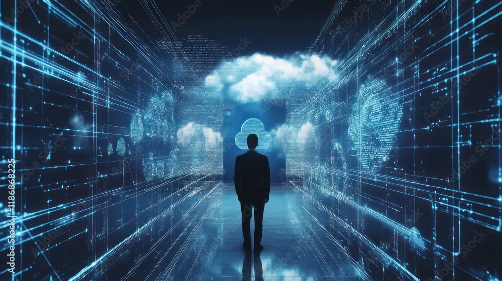 Man standing in futuristic digital data corridor leading to cloud computing. Man standing in futuristic digital data corridor leading to cloud computing.