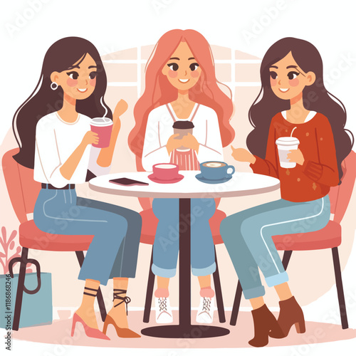 Flat young girl friends in cafe on meeting vector image