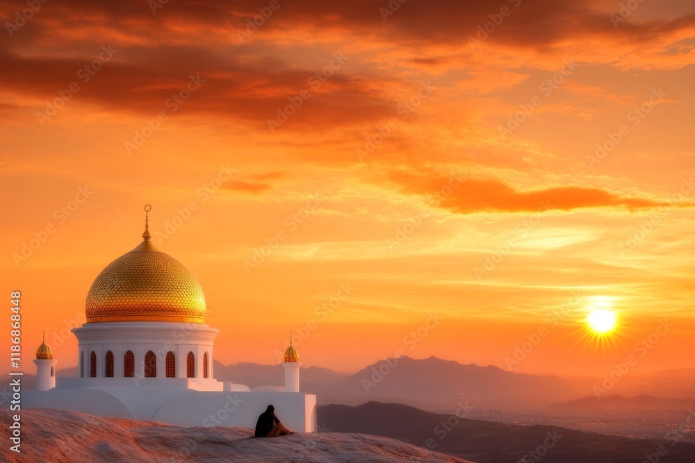 Obraz premium A sunset view of the Tilla-Kari Mosque with its golden dome glowing against a backdrop of orange and pink skies