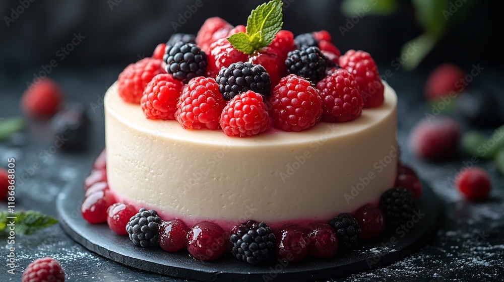Delicious Creamy Cheesecake Topped With Raspberries And Blackberries Delicious Creamy Cheesecake Topped With Raspberries And Blackberries