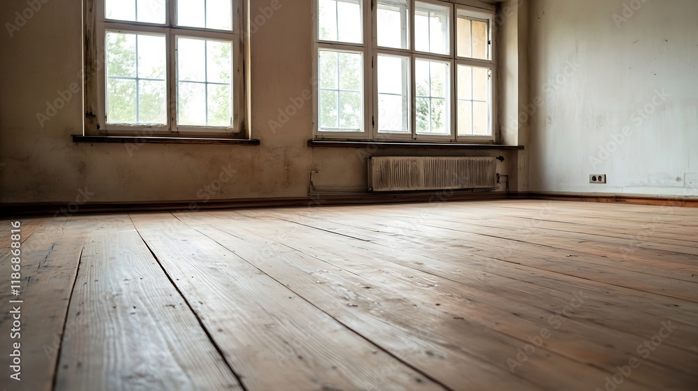Rustic vacant room with aged wooden flooring and sunlight streaming through vintage windows : Generative AI Rustic vacant room with aged wooden flooring and sunlight streaming through vintage windows : Generative AI