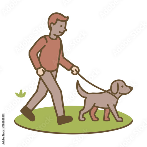 Man walking a dog happily in a park on a green lawn