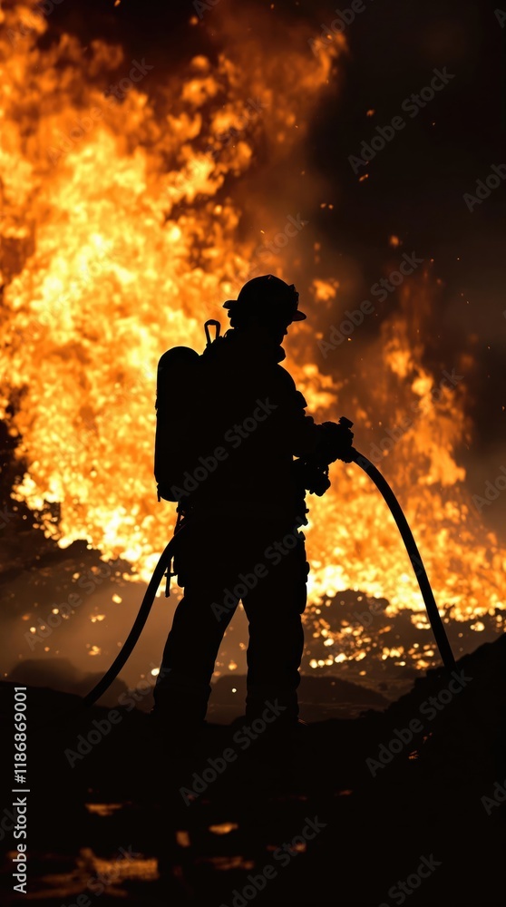 Fototapeta premium Firefighter silhouetted against raging wildfire battling blaze with hose