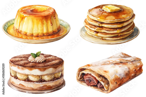 Delicious dessert assortment, creamy flan, fluffy pancakes, rich tiramisu, savory crepes, watercolor illustration, food art.