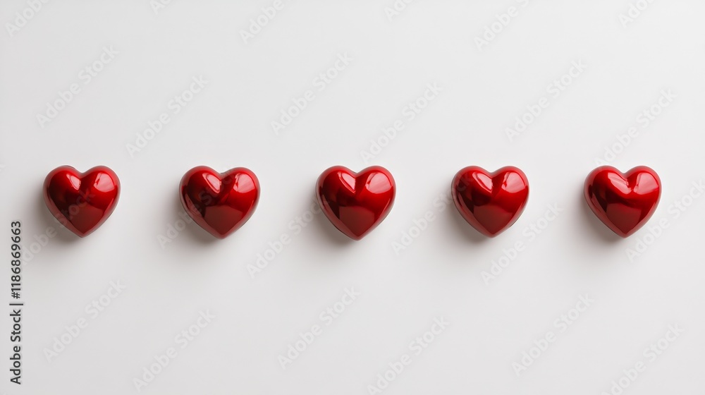 Five shiny red hearts are arranged in a horizontal row on a clean white background, creating a simple yet powerful image evoking feelings of love, romance, and valentine's day Five shiny red hearts are arranged in a horizontal row on a clean white background, creating a simple yet powerful image evoking feelings of love, romance, and valentine's day