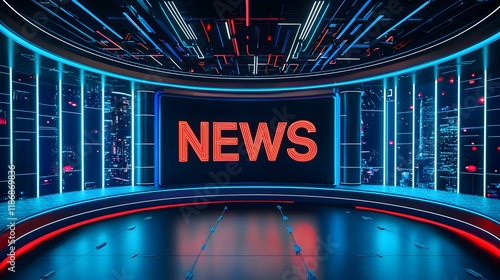 Futuristic news studio set design with neon lights and city backdrop. Ideal for news broadcasts, presentations, and digital content.