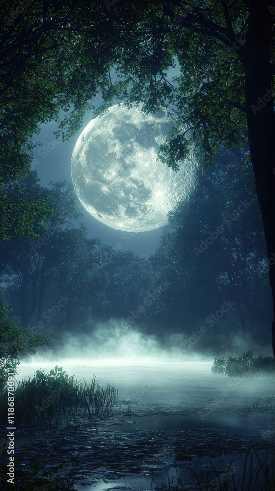 Fototapeta premium serene forest clearing under full moon, with mist rising from water. tranquil scene evokes sense of calm and wonder