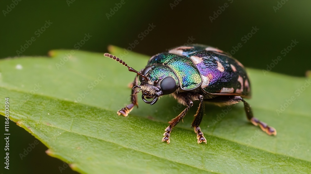 Macro Shot of Colorful Beetle on Leaf in Natural Habitat : Generative AI Macro Shot of Colorful Beetle on Leaf in Natural Habitat : Generative AI