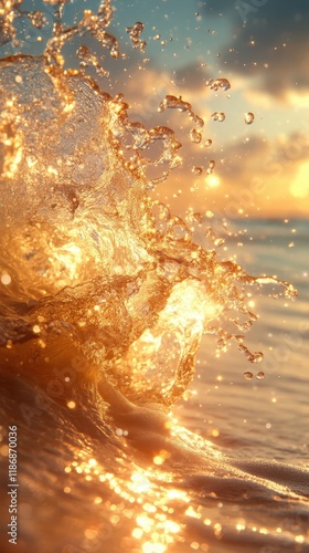 Golden sunlight reflecting off ocean water with a splash in the foreground. photo