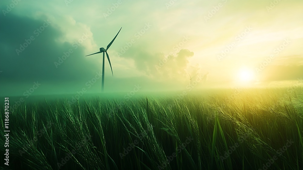 Fototapeta premium Green Field with Wind Turbines Under Cloudy Sky and Sunlight : Generative AI
