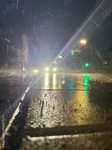 Rainy Streetlights and Reflections photo