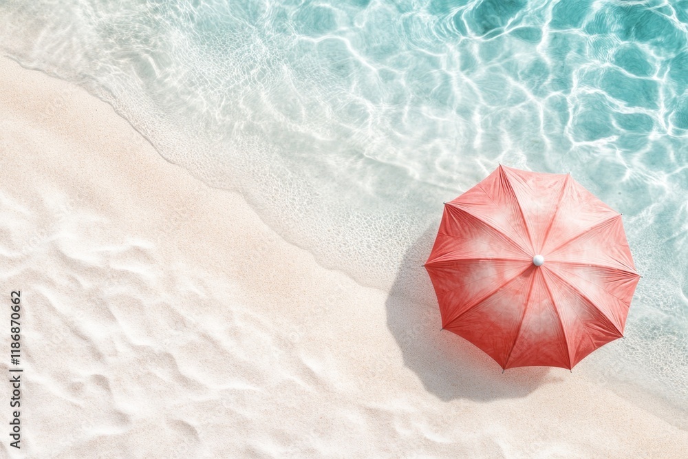 Naklejka premium A vibrant 3D-rendered scene of a UV-protective umbrella in a futuristic beach setting, with glowing sand and crystal-clear water