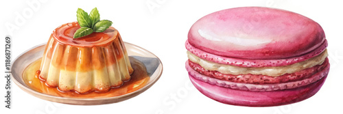 Delicious dessert duo, creamy flan, pink macaroon, watercolor illustration, vibrant colors, sweet treats, culinary art.