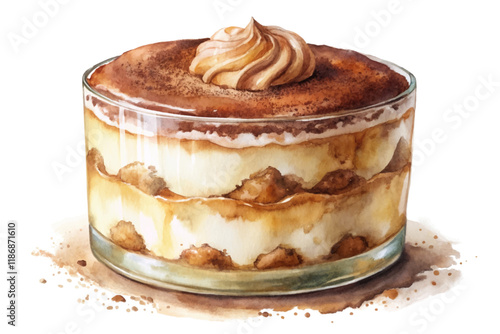 Delicious dessert, creamy layers, coffee flavor, artistic watercolor, elegant presentation, sweet indulgence, food illustration.