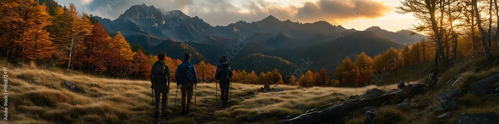 Wide shot of hikers walking along a trail lined with vibrant autumn trees, with the rugged Hotaka peaks glowing under the fiery hues of sunset, in 4K resolution Wide shot of hikers walking along a trail lined with vibrant autumn trees, with the rugged Hotaka peaks glowing under the fiery hues of sunset, in 4K resolution