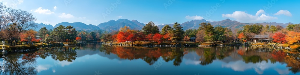 Panoramic view of Myojin Pond reflecting the warm colors of autumn, with crisp blue skies and towering peaks adding cinematic depth, in 4K resolution Panoramic view of Myojin Pond reflecting the warm colors of autumn, with crisp blue skies and towering peaks adding cinematic depth, in 4K resolution