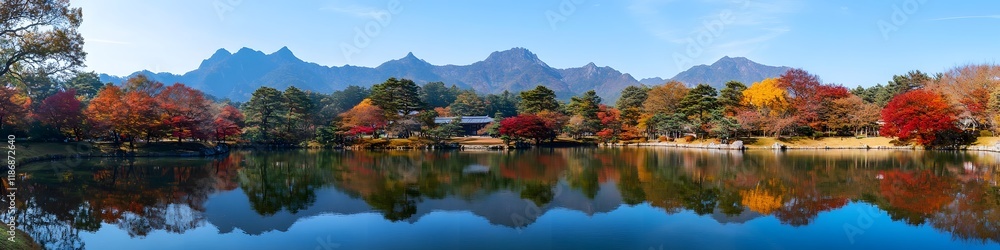 Panoramic view of Myojin Pond reflecting the warm colors of autumn, with crisp blue skies and towering peaks adding cinematic depth, in 4K resolution Panoramic view of Myojin Pond reflecting the warm colors of autumn, with crisp blue skies and towering peaks adding cinematic depth, in 4K resolution