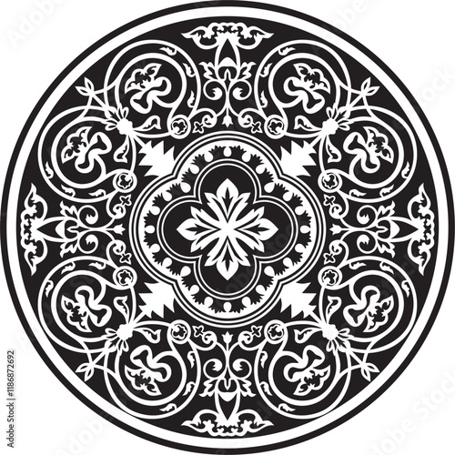 Vector black monochrome stencil round classic byzantine ornament. Circle, ring, border, Ancient Greece, Eastern Roman Empire frame. Decoration of the Russian Orthodox Church