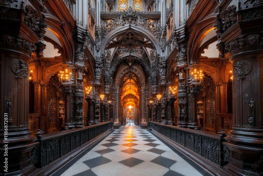 Fototapeta premium A wide-angle shot of the Juma Mosque unique wooden interior, with its tall carved columns and ornate ceilings