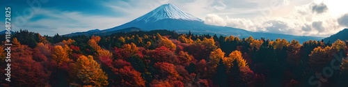 Aerial panorama of the vibrant reds and yellows of Kamikochis autumn forests, with the snow-covered summit of Mount Yake in the distance, in 4K resolution photo