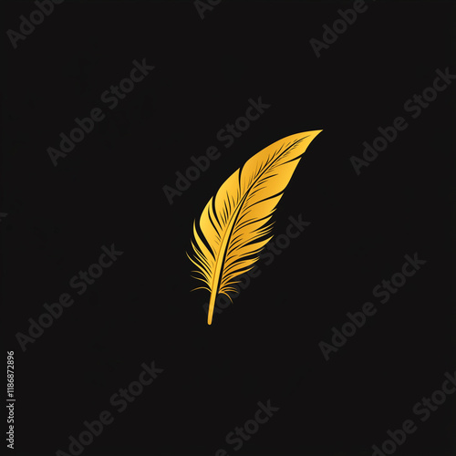 Minimalist feather quill pen icon designed with a simple yet elegant golden hue on a dark background