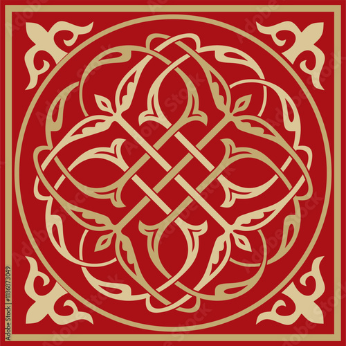 Vector gold and red square classic byzantine ornament. Rectangle, border, Ancient Greece, Eastern Roman Empire frame. Decoration of the Russian Orthodox Church