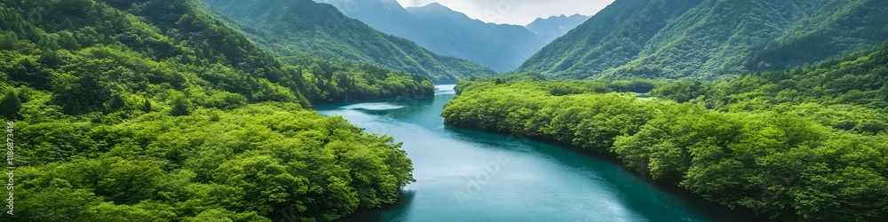 Panoramic view of the Azusa River winding through Kamikochi, surrounded by lush green forests and the towering Japanese Alps, in 4K resolution Panoramic view of the Azusa River winding through Kamikochi, surrounded by lush green forests and the towering Japanese Alps, in 4K resolution