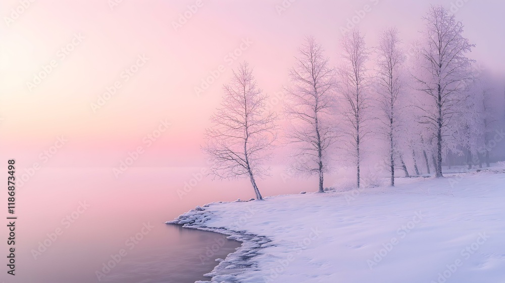 Serene winter landscape at sunrise.  Frosty trees line a snow-covered shore by a calm lake under a pastel sky.