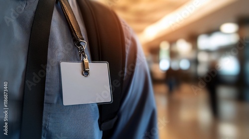 Man's ID badge, airport, blurred background, travel