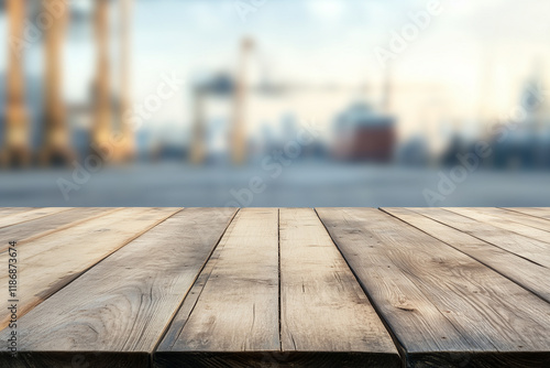 Wooden top table with shipping port in background