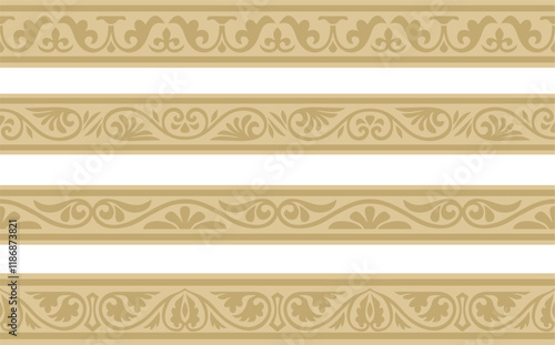 Vector set of golden seamless classic byzantine ornament. Endless border, Ancient Greece, Eastern Roman Empire frame. Decoration of the Russian Orthodox Church