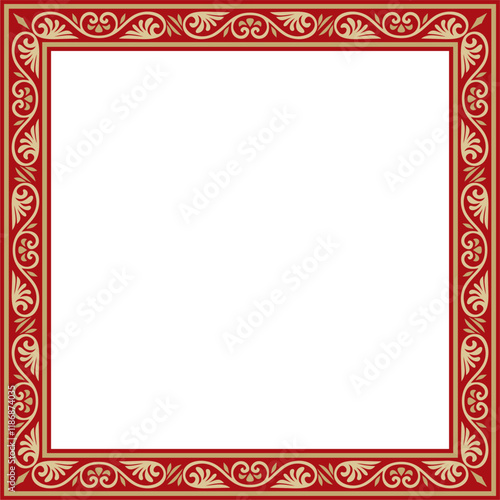 Vector gold and red square classic byzantine ornament. Rectangle, border, Ancient Greece, Eastern Roman Empire frame. Decoration of the Russian Orthodox Church
