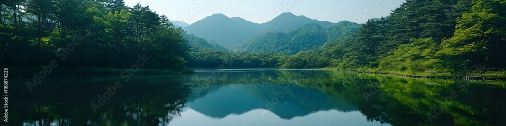 Naklejka premium Wide shot of the reflective waters of Myojin Pond, with vibrant green forests and distant peaks creating a cinematic backdrop, in 4K resolution