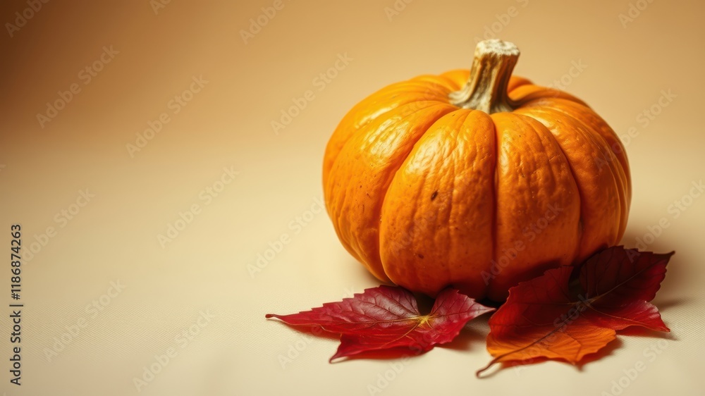 A single, ripe pumpkin rests on a soft, beige surface, surrounded by vibrant, fallen leaves, creating a warm, autumnal scene. A single, ripe pumpkin rests on a soft, beige surface, surrounded by vibrant, fallen leaves, creating a warm, autumnal scene.