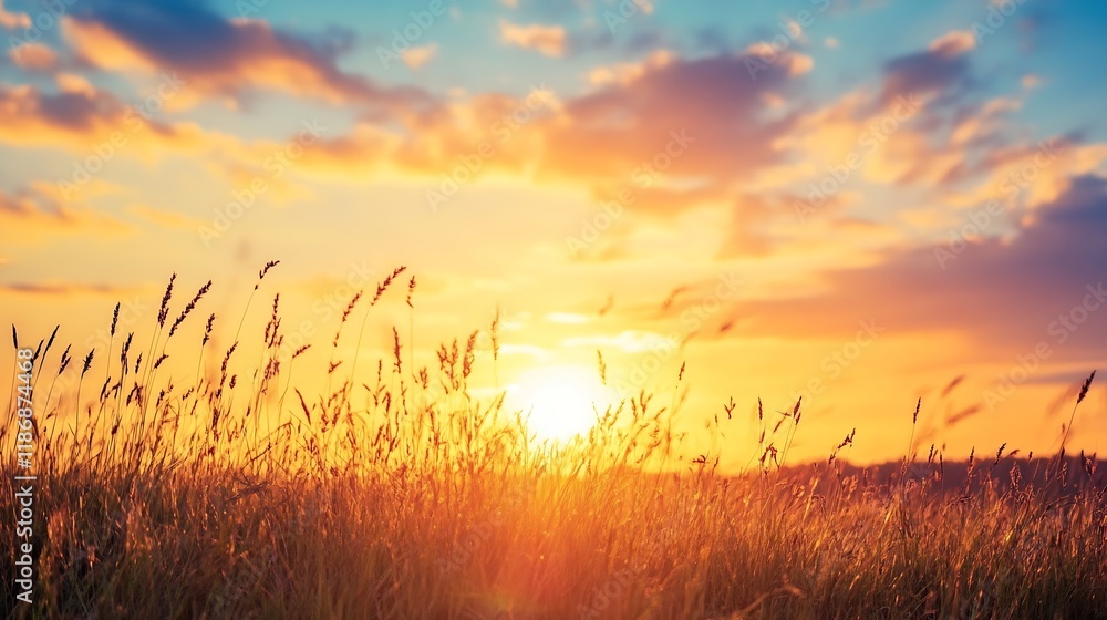 Vibrant sunset over a serene field of golden grass under dynamic colorful sky : Generative AI Vibrant sunset over a serene field of golden grass under dynamic colorful sky : Generative AI