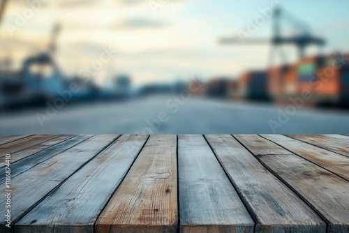 Wooden top table with shipping port in background photo