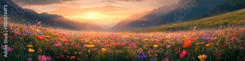 Panoramic view of Kamikochis lush meadows glowing under soft morning light, with vibrant wildflowers adding color to the scene, in 4K resolution photo