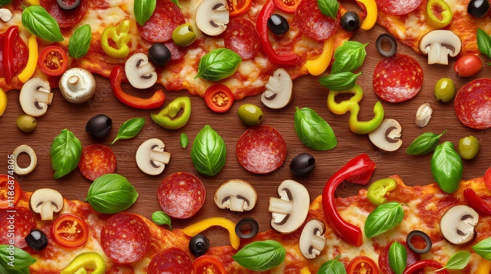 A seamless background of vibrant pizza toppings arranged artistically across a wooden surface. A seamless background of vibrant pizza toppings arranged artistically across a wooden surface.